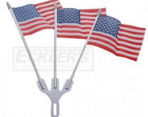 Full Size Chevy Chrome Flag Holder, With Three American Flags, 1958-1984
