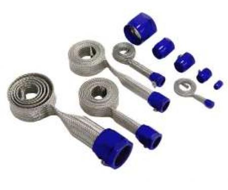 Full Size Chevy Hose Cover Kit, Stainless Steel, Universal, With Blue Clamps 1958-1972