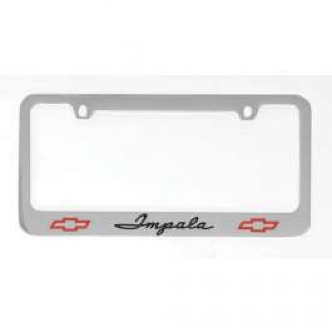 Full Size Chevy License Plate Frame, Chrome, With Engraved Impala Script & Bowtie Logo, 1961-1962