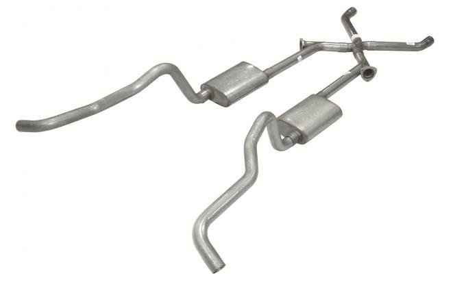 Pypes Crossmember Back w/X-Pipe Exhaust System 55-57 Tri-Five Chevy Split Rear Dual Exit 2.5 in Intermediate And Tail Pipe Race Pro Muffler/Hardware Incl Tip Not Incl 409 Stainless Steel Exhaust SGC17R