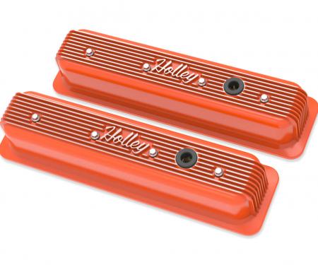 Holley Vintage Finned Valve Cover, "" Script, SBC, Center Bolt, Factory Orange Machined 241-249