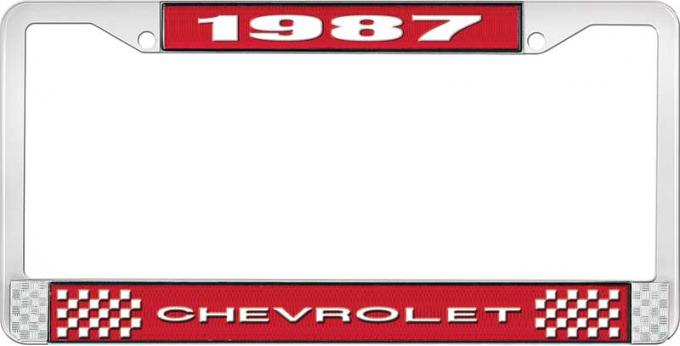 OER 1987 Chevrolet Style # 1 Red and Chrome License Plate Frame with White Lettering LF2238701C