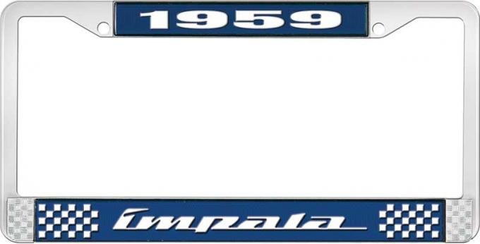OER 1959 Impala Style # 4 Blue and Chrome License Plate Frame with White Lettering LF2245904B