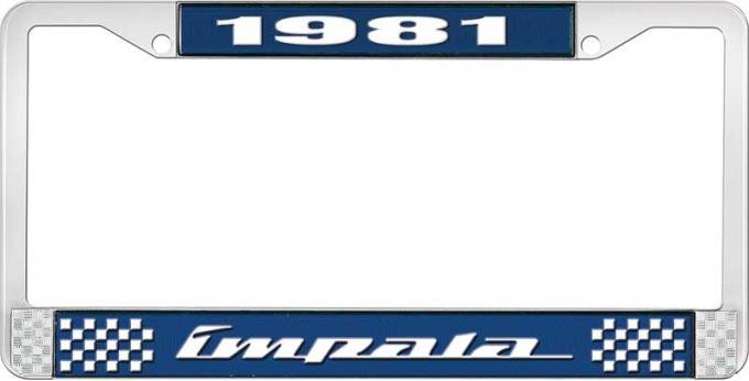 OER 1981 Impala Style #4 Blue and Chrome License Plate Frame with White Lettering LF2248104B