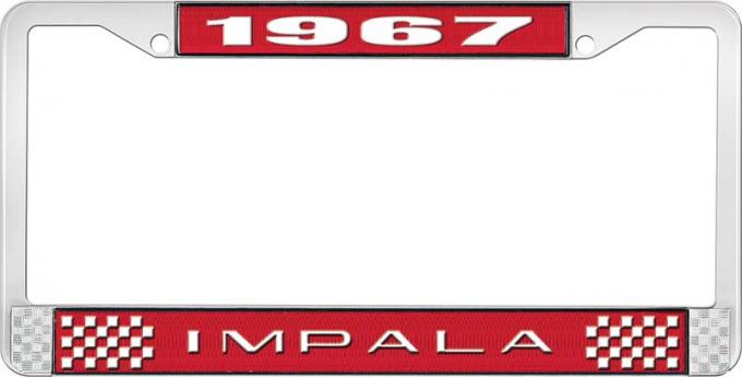 OER 1967 Impala Style #2 Red and Chrome License Plate Frame with White Lettering LF2246702C