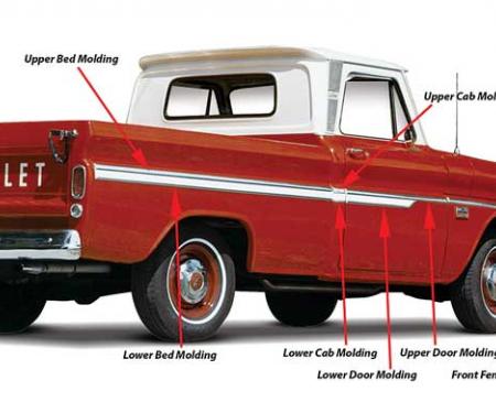 OER 1962-66 Chevrolet Fleetside Pickup, Short Bed, Aluminum Side Molding Set, 16 Pieces, With Clips and Hardware CX1674