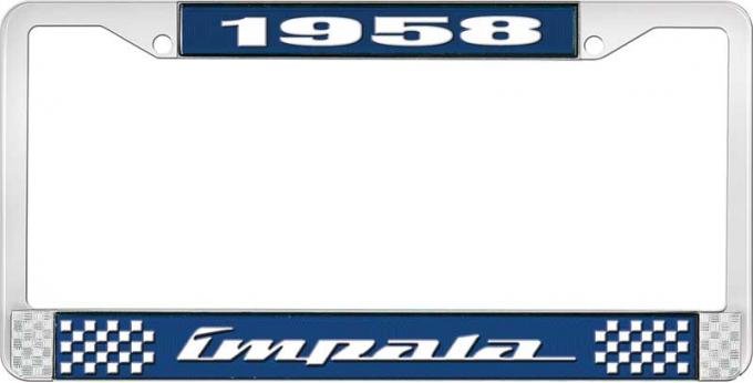OER 1958 Impala Style #4 Blue and Chrome License Plate Frame with White Lettering LF2245804B