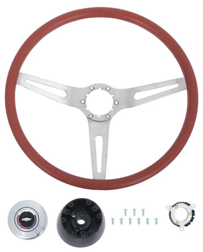 1969-72 GM, Comfort Grip Cushioned Steering Wheel Kit, 3-Spoke, Silver Spokes, Red Grip