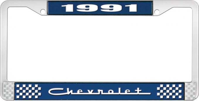OER 1991 Chevrolet Style # 5 Blue and Chrome License Plate Frame with White Lettering LF2239105B
