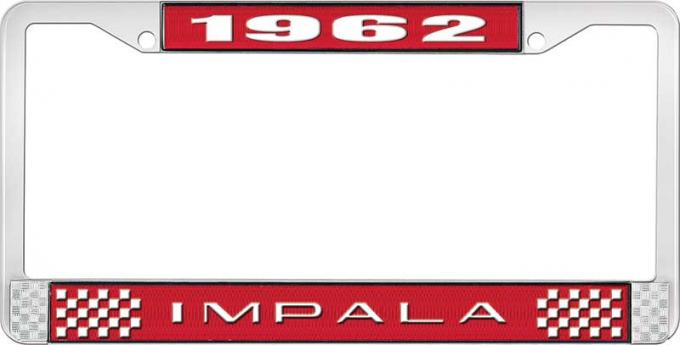 OER 1962 Impala Style #2 Red and Chrome License Plate Frame with White Lettering LF2246202C
