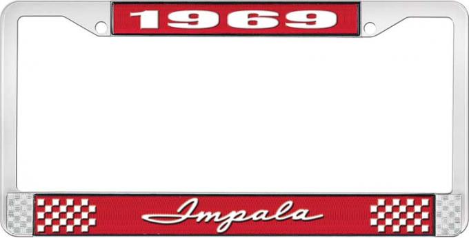 OER 1969 Impala Style #1 Red and Chrome License Plate Frame with White Lettering LF2246901C