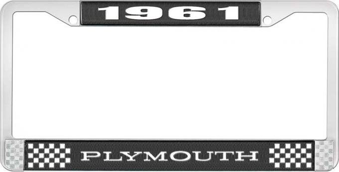 OER 1961 Plymouth License Plate Frame - Black and Chrome with White Lettering LF122161A