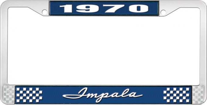 OER 1970 Impala Style #1 Blue and Chrome License Plate Frame with White Lettering LF2247001B