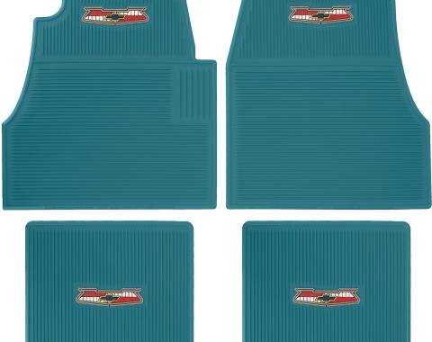 OER 1955-57 Chevy, Ribbed Rubber Floor Mat Set, with "Chevrolet" Crest , Turquoise, Front & Rear, 4 Piece Set M55204