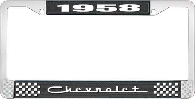 OER 1958 Chevrolet Style #5 Black and Chrome License Plate Frame with White Lettering LF2235805A