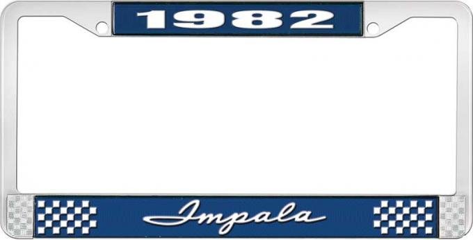 OER 1982 Impala Style #1 Blue and Chrome License Plate Frame with White Lettering LF2248201B