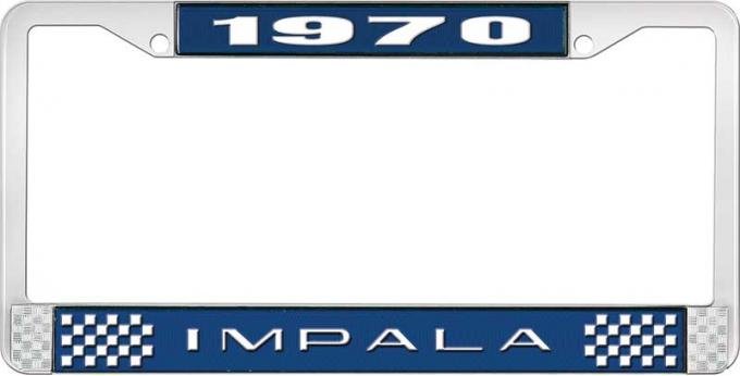 OER 1970 Impala Style #2 Blue and Chrome License Plate Frame with White Lettering LF2247002B