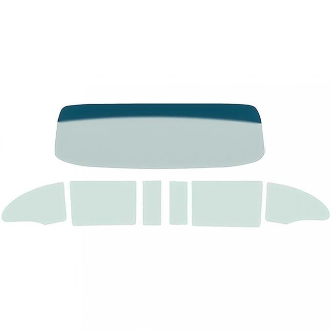 OER 1955-56 Chevy Bel Air, Pontiac Convertible, 7 Piece Glass Set, Green Tinted Windshield With Blue/Green Shade, Green Tinted Side Glass *TF42012C