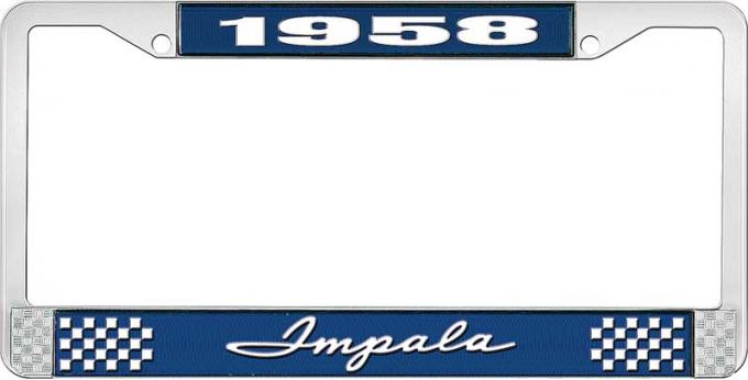 OER 1958 Impala Style #1Blue and Chrome License Plate Frame with White Lettering LF2245801B