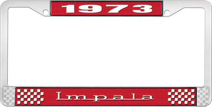 OER 1973 Impala Style #3 Red and Chrome License Plate Frame with White Lettering LF2247303C
