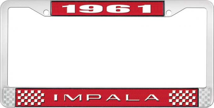 OER 1961 Impala Style #2 Red and Chrome License Plate Frame with White Lettering LF2246102C