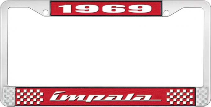 OER 1969 Impala Style #4 Red and Chrome License Plate Frame with White Lettering LF2246904C