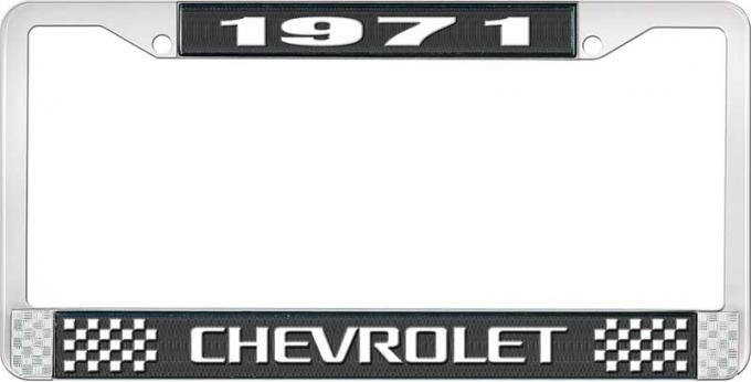 OER 1971 Chevrolet Style # 3 Black and Chrome License Plate Frame with White Lettering LF2237103A