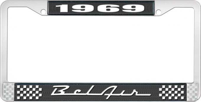 OER 1969 Bel Air Black and Chrome License Plate Frame with White Lettering LF2256901A