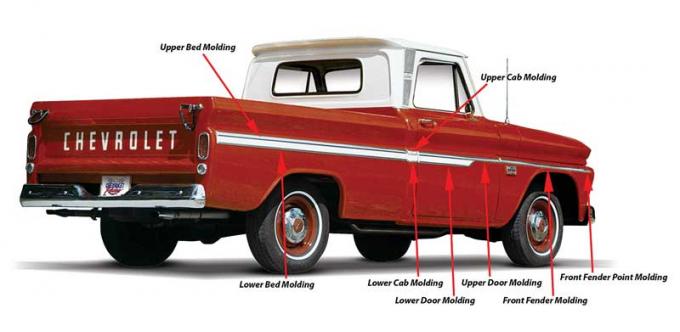 OER 1962-66 Chevrolet Fleetside Pickup, Short Bed, Aluminum Side Molding Set, 16 Pieces, With Clips and Hardware CX1674