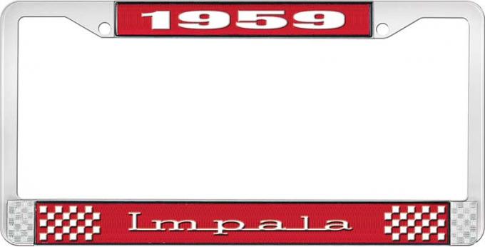 OER 1959 Impala Style #3 Red and Chrome License Plate Frame with White Lettering LF2245903C