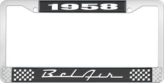 OER 1958 Bel Air Black and Chrome License Plate Frame with White Lettering LF2255801A