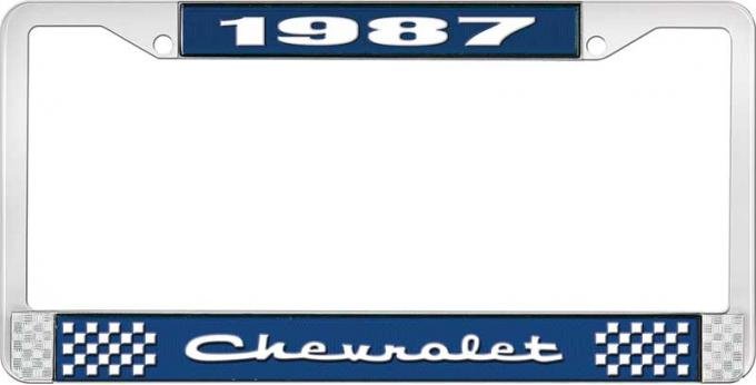 OER 1987 Chevrolet Style # 2 Blue and Chrome License Plate Frame with White Lettering LF2238702B