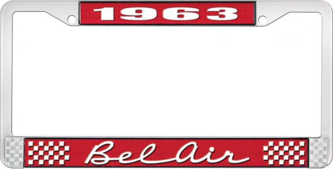 OER 1963 Bel Air Red and Chrome License Plate Frame with White Lettering LF2256302C