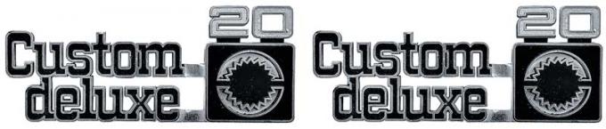 1975-80 Chevrolet Pickup, Suburban "CUSTOM DELUXE 20" Front Fender Emblem, with Hardware, Pair