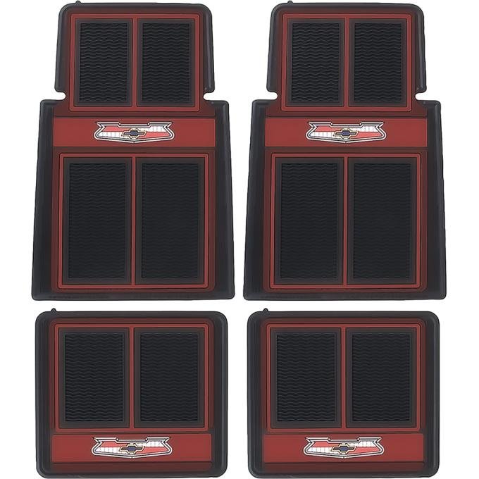 1955-57 Chevy Bel Air, 150, 210, Floor Mat Set, with "Chevrolet" Crest, Front and Rear, Red / Black / Beige, 4 Piece Set