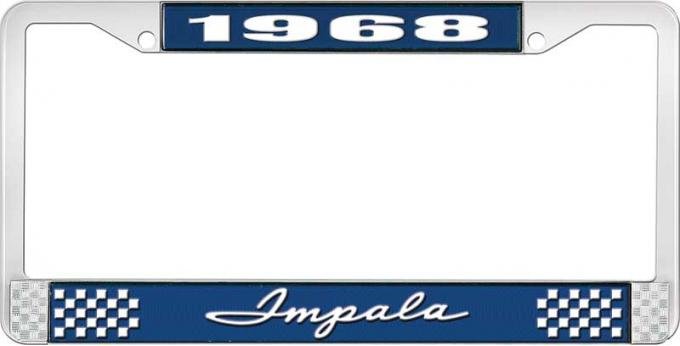 OER 1968 Impala Style # Blue and Chrome License Plate Frame with White Lettering LF2246801B