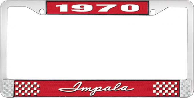 OER 1970 Impala Style #1 Red and Chrome License Plate Frame with White Lettering LF2247001C