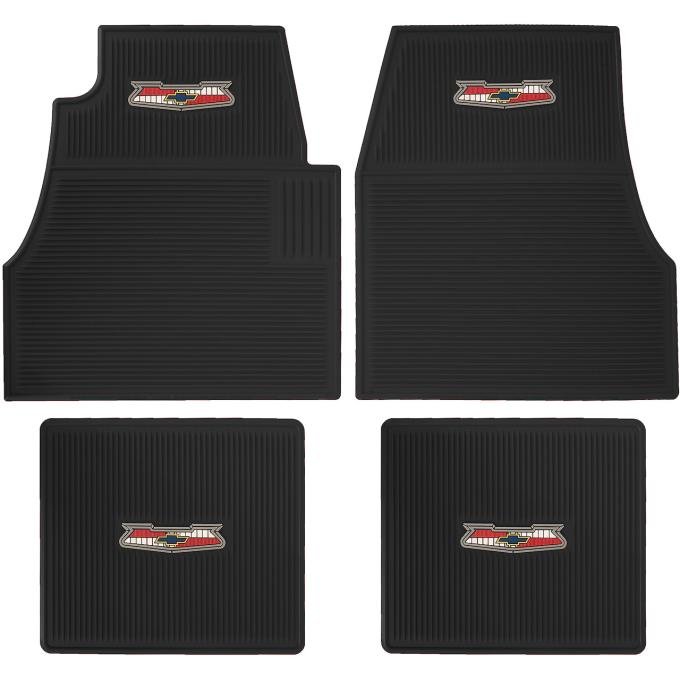 1955-57 Chevy Bel Air, 150, 210, Nomad, "Chevrolet" Crest Ribbed Rubber Floor Mat Set, Black, 4 Piece Set