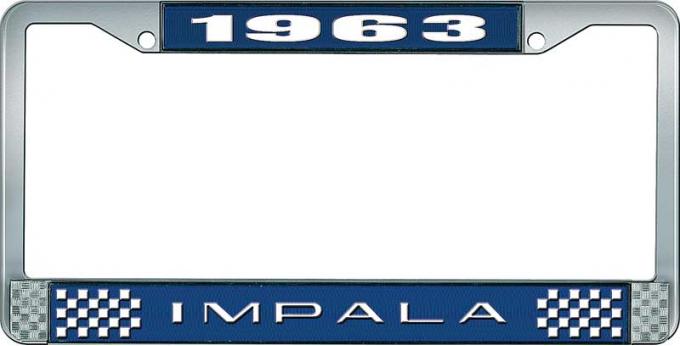 OER 1963 Impala Style #2 Blue and Chrome License Plate Frame with White Lettering LF2246302B
