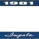 OER 1981 Impala Style #1 Blue and Chrome License Plate Frame with White Lettering LF2248101B