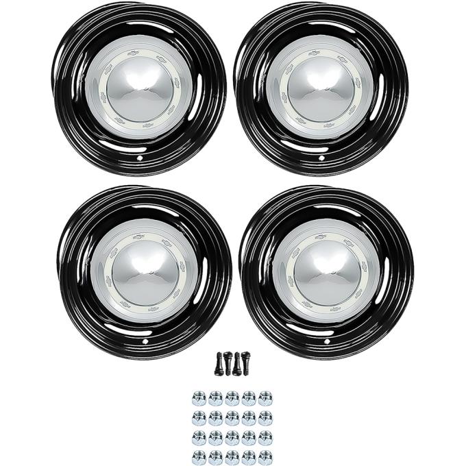 OER 1955 Chevrolet Factory Style 14" Staggered Steel Wheels, Dog Dish Style, 6", 7" Wide, 4-1/2", 4-3/4" Backspacing *881484