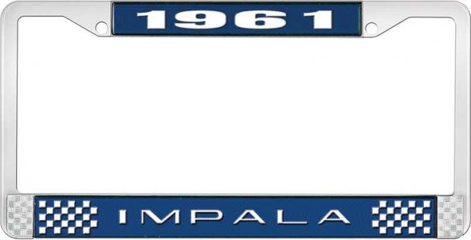 OER 1961 Impala Style #2 Blue and Chrome License Plate Frame with White Lettering LF2246102B
