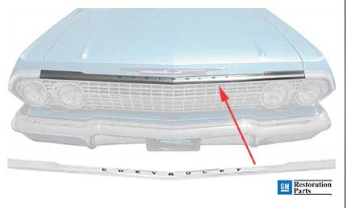 1963 Impala, Biscayne, Bel Air, Hood Lip Molding, with Chevrolet lettering, GM Licensed