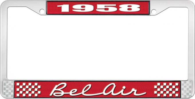 OER 1958 Bel Air Red and Chrome License Plate Frame with White Lettering LF2255802C