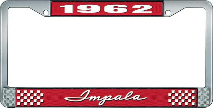 OER 1962 Impala Style #1 Red and Chrome License Plate Frame with White Lettering LF2246201C
