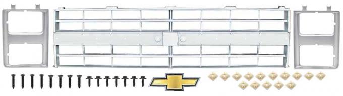 OER 1985-88 Chevrolet, Grill and Headlamp Bezel Set, With Bow Tie Emblem, Argent Silver *881325