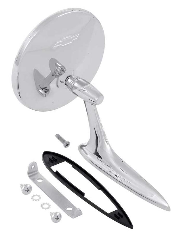 1963-65 Impala, Bel Air, Chevelle, Chevy II Nova, Corvette, Chrome Outer Door Mirror, with Bow Tie, w/Gasket & Hardware, RH or LH, Each, "Show Quality"