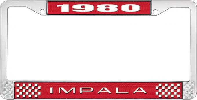 OER 1980 Impala Style #2 Red and Chrome License Plate Frame with White Lettering LF2248002C