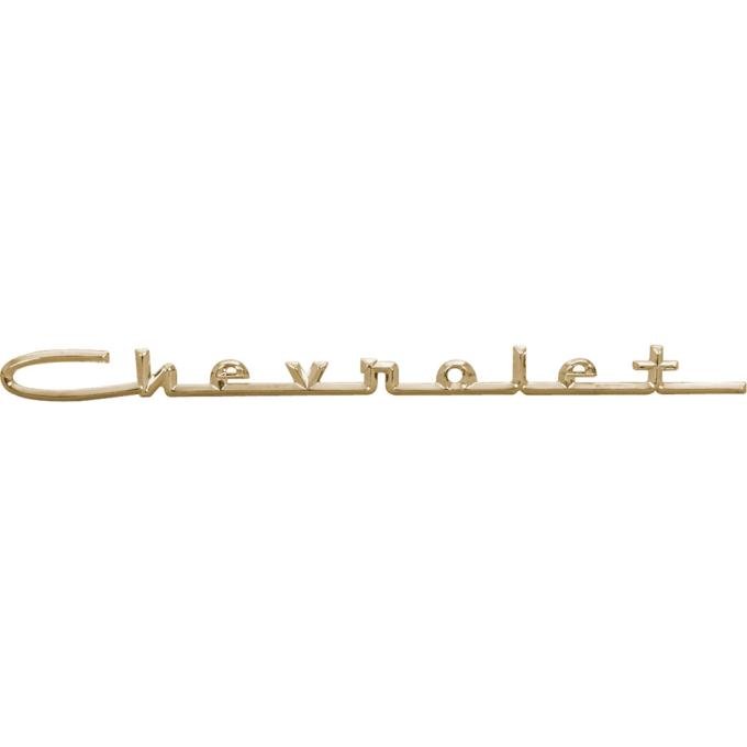 OER 1957 Chevrolet Bel Air, Hood, Trunk Emblem, Chevrolet Script, Gold, For 6 Cylinder Models, With Hardware 3732934