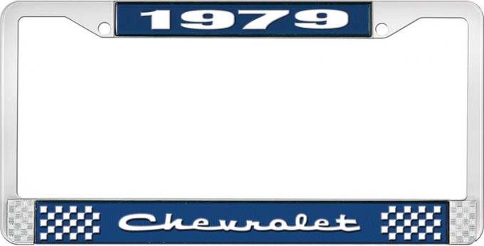 OER 1979 Chevrolet Style # 2 Blue and Chrome License Plate Frame with White Lettering LF2237902B